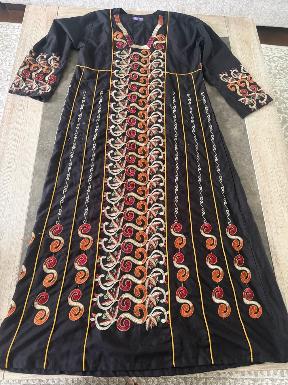 Galabiya kaftan Embroidered Black Maxi Dress with Red & Gold Accents - Picture 3 of 7